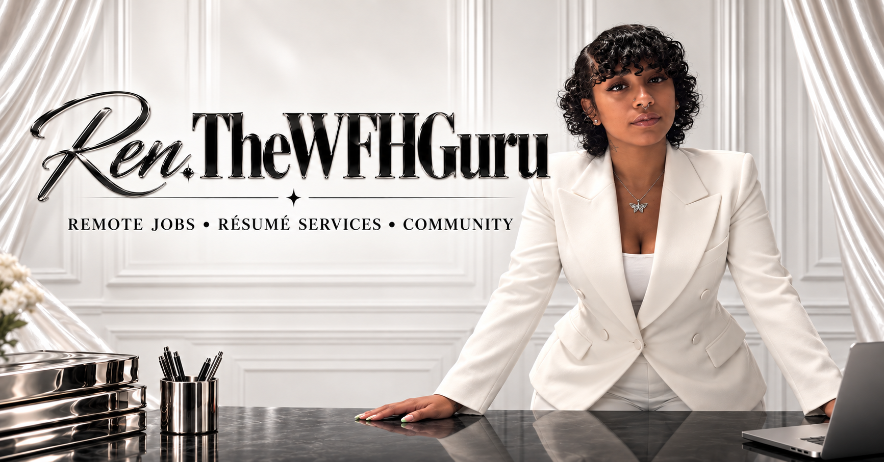 Ren in a white suit beside her black chrome Ren.TheWFHGuru banner: remote jobs, résumé services, community